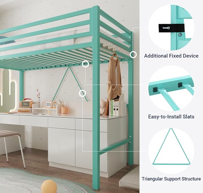 Allewie Metal Loft Bed Twin Size with Guardrail and Ladder,Green | Small Space Saving Design for Bedroom Kid Room and Dorm, No Box Spring Needed