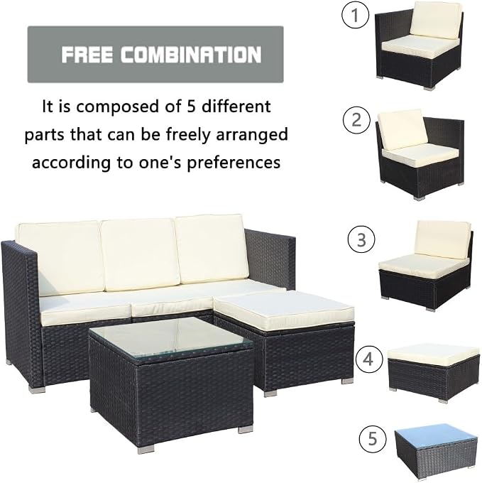 Patio Sofa Set, 5-Piece PE Rattan Wicker Outdoor Furniture with Cushioned Couch, Chairs, and Coffee Table, Beige Cushions for Garden, Deck, and Backyard