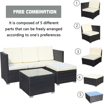 Patio Sofa Set, 5-Piece PE Rattan Wicker Outdoor Furniture with Cushioned Couch, Chairs, and Coffee Table, Beige Cushions for Garden, Deck, and Backyard