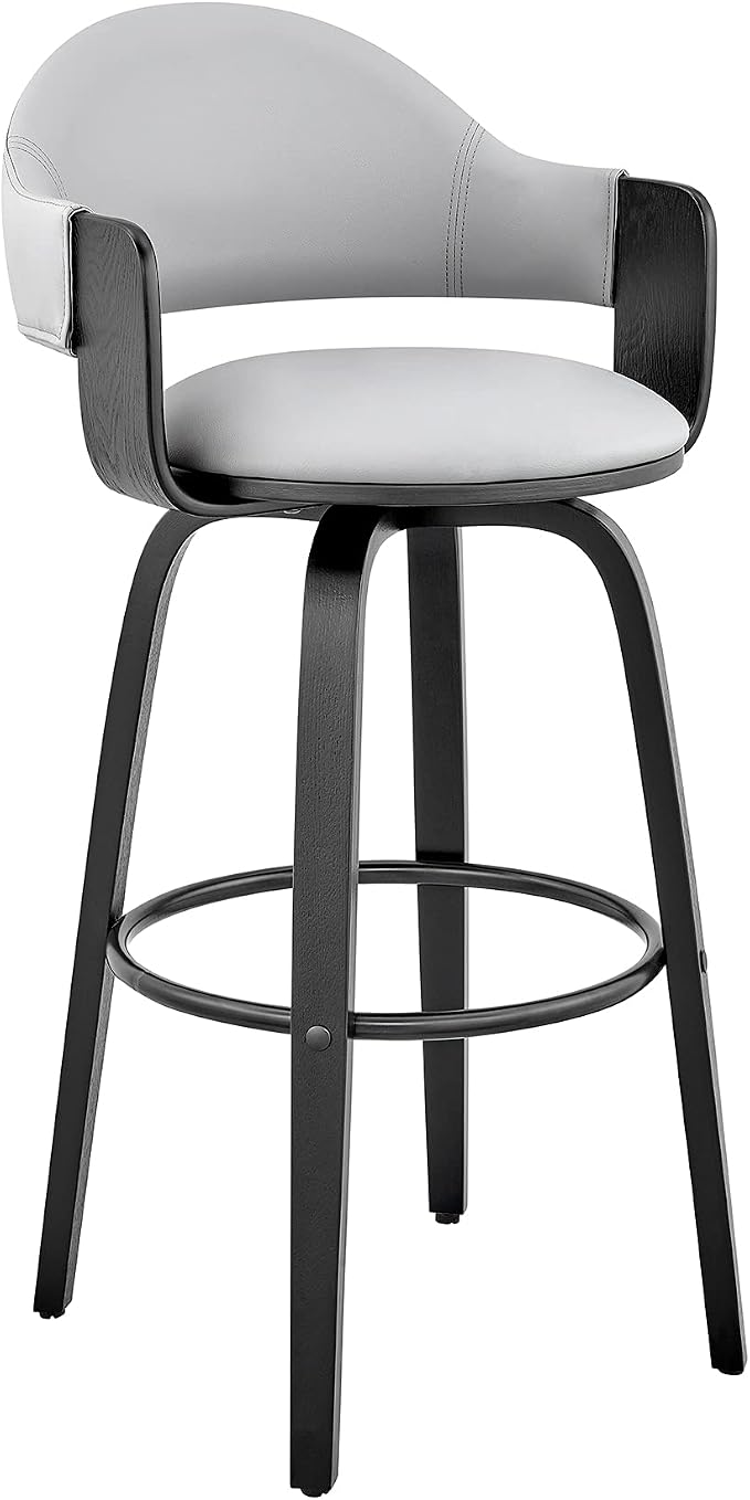 Armen Living Daxton Mid Century Modern Swivel Bar Stool for Kitchen Island Counter in Gray Faux Leather and Black Wood, 26" Seat Height