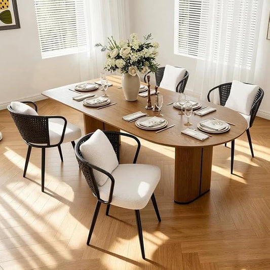 Rattan Dining Chairs Set of 4, Modern Upholstered Kitchen Chair with Metal Legs, Ergonomic Curved Backrest, Mid Century Living Room Chairs with Throw Pillow, Black