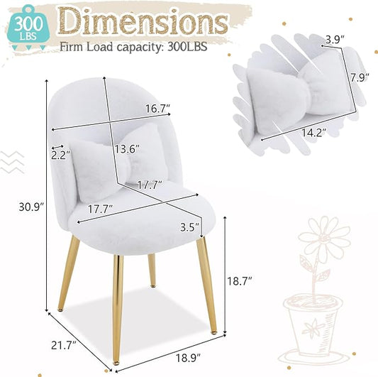 VINGLI Fluffy Girls Vanity Chair with Back & Pillow,Cute Small Cozy Desk Chair No Wheels,Comfy Makeup Ch with Ajustable Gold Legs,for Bedroom,Living Room,Small Space,White