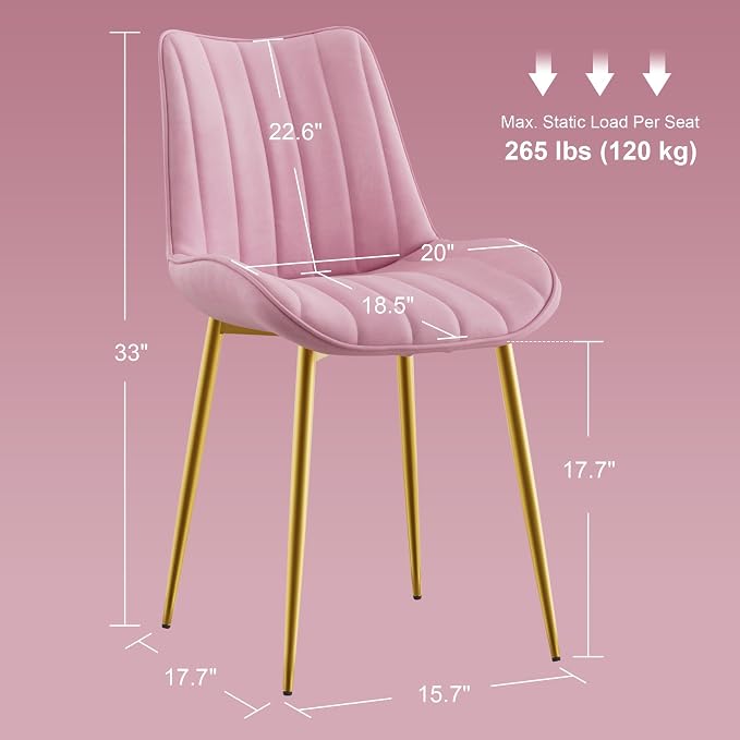 VECELO Dining Chairs Set of 2, Velvet Fabric & Metal Frame, Mordern Style for Kitchen, Living Room,Offcie, Pink