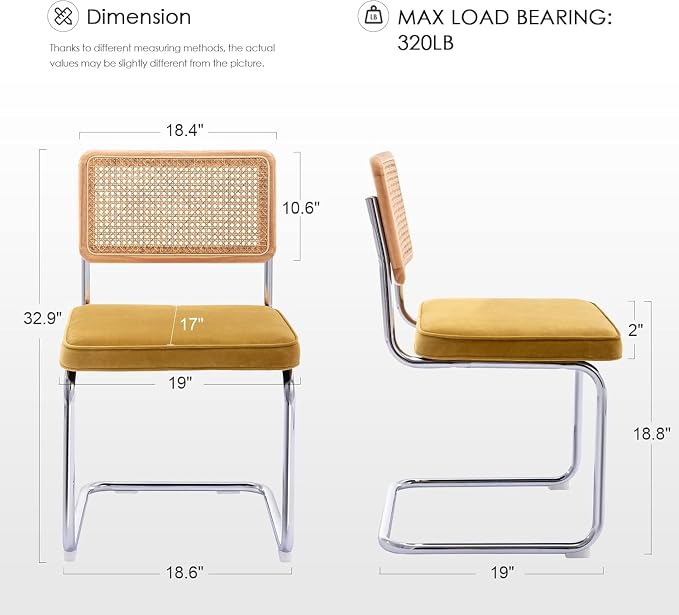 Zesthouse Natural Rattan Dining Chairs Set of 2, Modern Dining Room Chairs with Solid Wood Back for Kitchen Living Room, Mid Century Breuer Design Inspired, Upholstered Velvet Fabric, Yellow