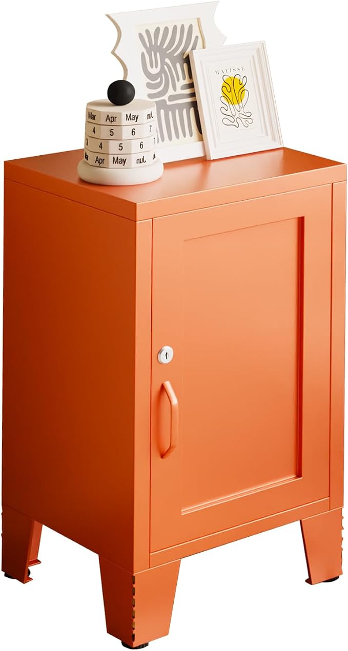ALBAD Metal Nightstand with Lockable Cabinet, Compact Mini Locker Bedside Table for Kids & Adults, Modern Steel Side Table for Bedroom, Dorm, or Living Room (Orange)