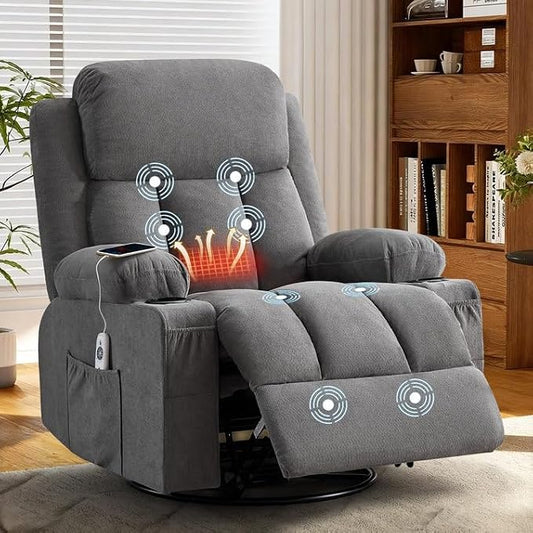 MAHOMICO Swivel Rocker Recliner Chair with Vibration Massage and Heat for Living Room,with Rocking Function and Side Pocket, USB Charge Port,2 Cup Holders