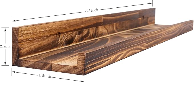 MBYD 24 Inch Picture Ledge Shelf Set of 3, Rustic Torched Wood Floating Shelves for Bedroom Living Room Kitchen Wall Decor, Carbonized Finish Display Nursery Bookshelf for Photos, Books, and Art