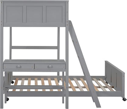 Ball & Cast Twin Over Full Bunk Bed with Safty Guardrail & Stairway,Heavy Duty Wood Loft Bedframe W/Desk & Drawers,Easy Assembly,Versatile Functional Bedroom Furniture Set for Boy Girl Teens,Gray