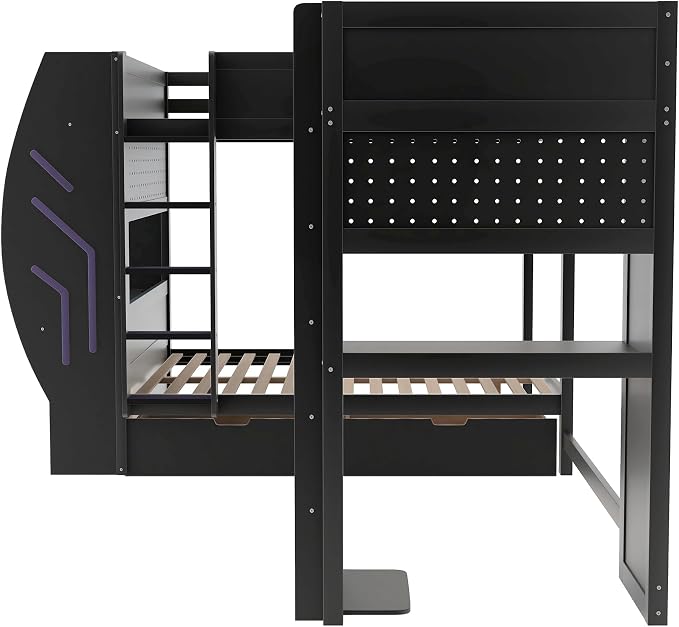 Twin&Full Over Full Triple Bunk Bed with Desk and Storage Drawers & LED,Charging Station,Solid Wood L-Shaped 3 Gaming Bunk Bed with Ladder,Guardrail,No Box Spring Needed (Black,Twin & Full Over Full)