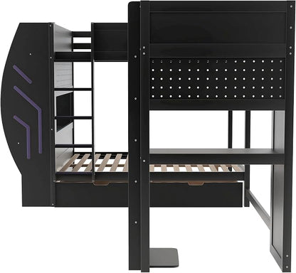 Twin&Full Over Full Triple Bunk Bed with Desk and Storage Drawers & LED,Charging Station,Solid Wood L-Shaped 3 Gaming Bunk Bed with Ladder,Guardrail,No Box Spring Needed (Black,Twin & Full Over Full)