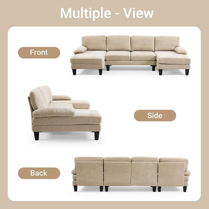 VINGLI 110" Sectional Couches for Living Room,U Shaped Couch with Double Chaise, 4-Seat Sofa Set with Chenille Fabric for Home Furniture,Light Khaki