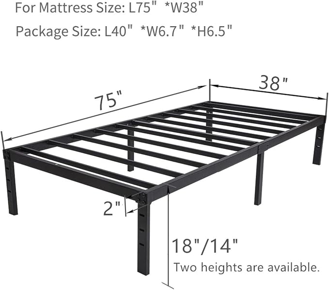 Wulanos Twin Size Bed Frame 18 inches Tall, 3500lbs Heavy Duty Metal Platform with Steel Slats Support, No Box Spring Needed, Sturdy and Noise-Free, Black