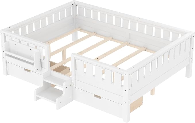 Bellemave Queen Size Kids Bed with high Rails and with Built-in Bookshelf and Drawers for Kids, Girls, Boys, Wood Montessori Bed Without Door, White