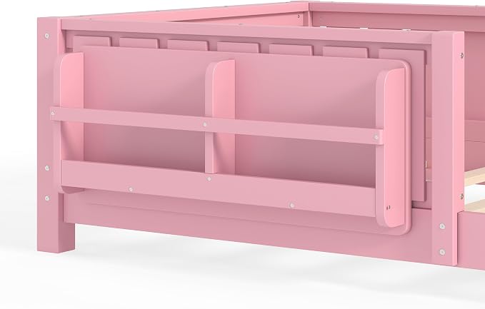 Bellemave Twin Size Floor Bed with high Rails and with Built-in Bookshelf for Kids, Girls, Boys, Wood Montessori Floor Bed Without Door, Pink