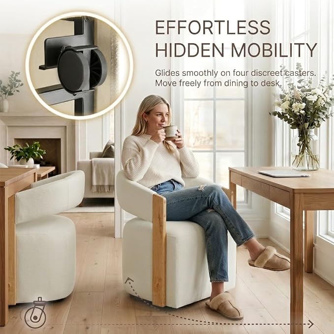 KISLOT Upholstered Dining Chairs Set of 2, Modern Wooden Arm Kitchen & Dining Room Chairs with Hidden Casters, Fabric Padded Rolling Chairs, Sturdy Wood Frame, 300 lbs Capacity, Off-White