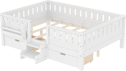 Bellemave Full Size Bed Frame with Storage Drawers & Bookshelf, Low Profile Kids Bed with Staircase & Full Length Guardrails, Solid Wood Full Size Bed Frame Kids with Slats Load 450 LBS, White