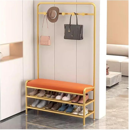 Narrow Hall Tree Storage Bench for Entryway, Coat Rack Shoe Bench Metal, Freestanding Coat Tree with Storage Shelf and Hooks, Entryway Bench with Shoe Storag(Orange-80 x 29 x 173 cm