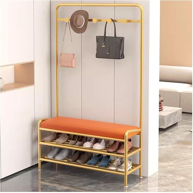 Narrow Hall Tree Storage Bench for Entryway, Coat Rack Shoe Bench Metal, Freestanding Coat Tree with Storage Shelf and Hooks, Entryway Bench with Shoe Storag(Orange-60 x 29 x 173 cm