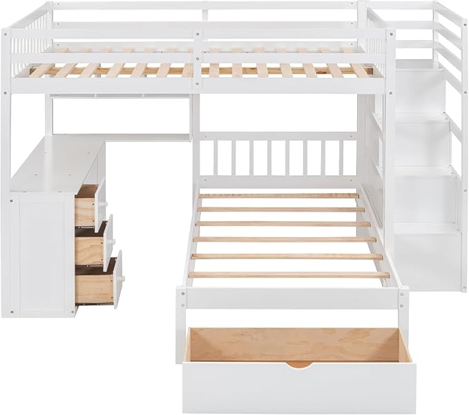 MERITLINE Full Over Twin L Shaped Bunk Bed with Stairs and Desk,Solid Wood L-Shaped Bunk Bed with Storage Drawers,Shelves,Ladder,Headboard and Guardrail,No Box Spring Needed (White)