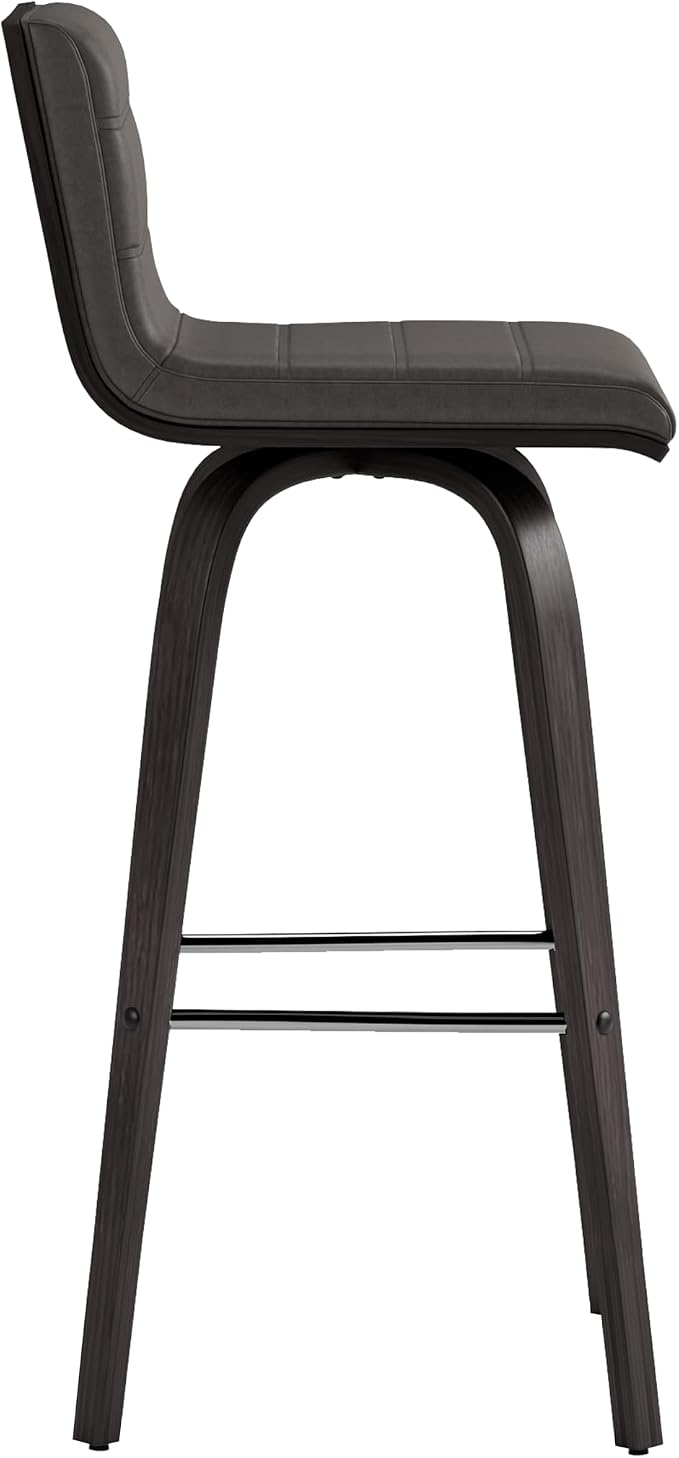 Armen Living Vienna Modern Swivel 30" Bar Height Barstool with Gray Faux Leather and Black Wood Finish