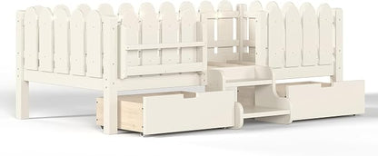 Bellemave Twin Montessori Bed with Stairs, Lights, Rails and Slats, Twin Size Montessori Floor Bed with Bookshelf and 2 Storage Drawers, Easy Assemble Beds Frame for Girls, Boys, Beige