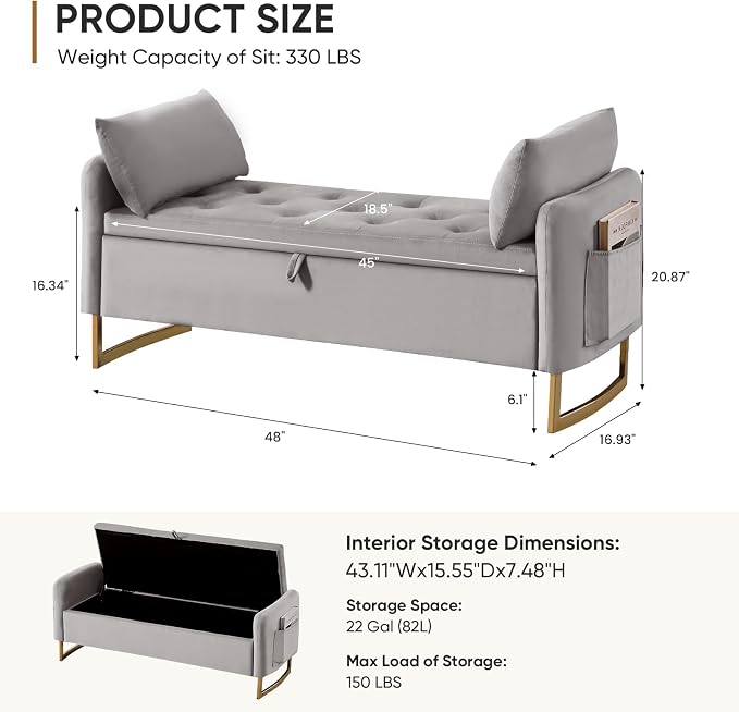 48" End of Bed Bench, Modern Storage Benches with Button-Tufted, Velvet Upholstered Storage Ottoman Bench for Foot of Bed with Arms, Gold Legs Window and Entryway, Light Grey