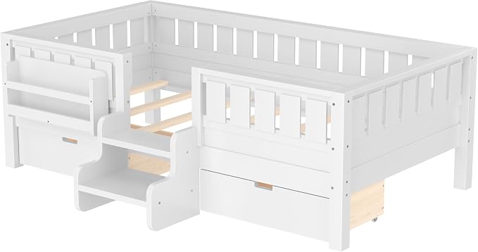 Bellemave Twin Size Kids Montessori Bed with Stairs and Bookshelf,Solid Wood Twin Size Kids Bed Frame with Drawers and Storage for Girls Boys,Low-Profile,White