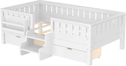Bellemave Twin Size Kids Montessori Bed with Stairs and Bookshelf,Solid Wood Twin Size Kids Bed Frame with Drawers and Storage for Girls Boys,Low-Profile,White