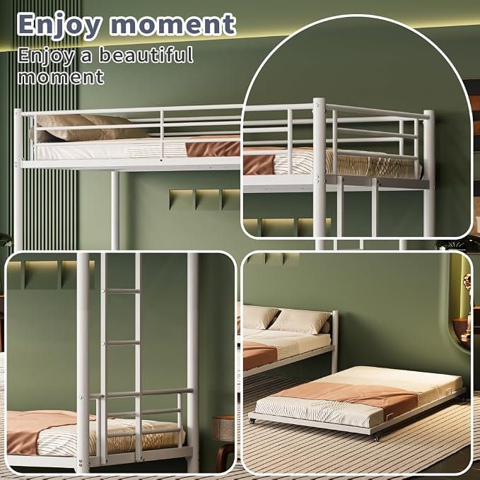 Metal Triple Bunk Bed, Twin Over Twins with Trundle, Heavy Duty Beds Frame with Ladder and Safety Rails for Small Bedroom, Space-Saving Noise Free (White)