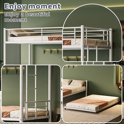 Metal Triple Bunk Bed, Twin Over Twins with Trundle, Heavy Duty Beds Frame with Ladder and Safety Rails for Small Bedroom, Space-Saving Noise Free (White)