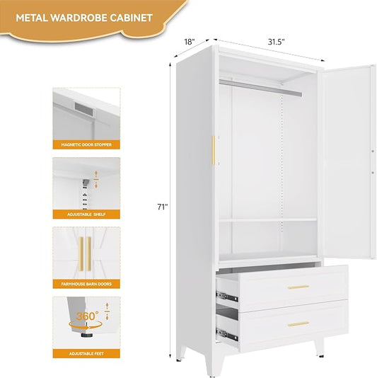 Metal Wardrobe Closet, Armoire Wardrobe with Two Drawers Clothes Cabinet for Bedroom, 71" Tall Farmhouse Steel Armoire Closet with Drawers and 2 Doors Clothing Storage Cabinet with Hanging Rod