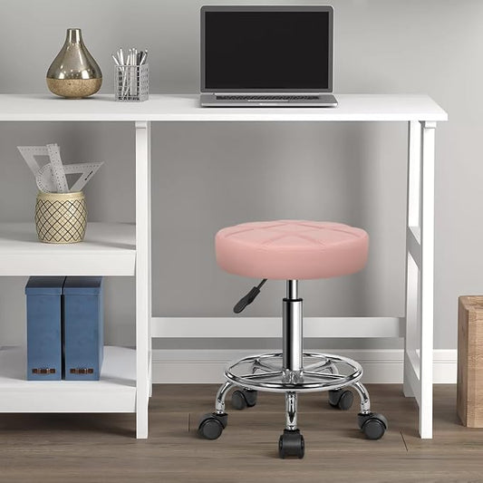 KKTONER Round Rolling Stool Chair PU Leather Height Adjustable Swivel Drafting Work SPA Shop Salon Stools with Wheels Office Chair Small (Pink)