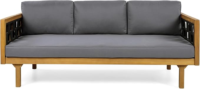 Merax Outdoor 3 Seater Daybed, Acacia Wood Patio Day Bed Couch Sofa with Cushions & Stylish Rope Weave Armrest, 67.5" L Outdoor Seating for Gardern Deck Porch Balcony, Dark-Grey