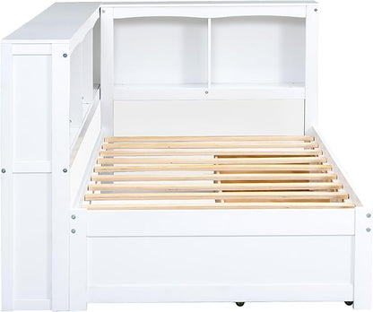 Bellemave Twin Corner Bed Frame with USB Ports, Wood Twin Size Daybed with L-Shaped Bookcase and 2 Drawers，Daybed with Storage Cabinets, White