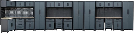 Garage Storage Cabinet System,26Pcs Garage Cabinets and Storage System Corner Workshop Set with Corner Cabinet, Cabinet Drawers, Workbench, Pegboard for Tool Organization, Black Grey