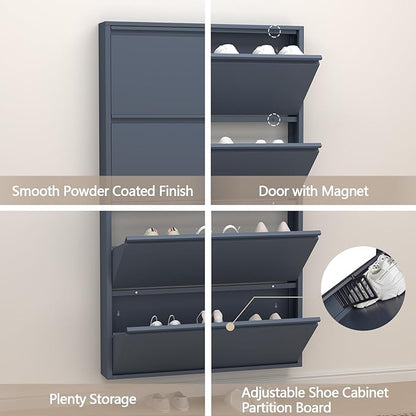 GREATMEET Shoe Cabinet with 4 Flip Drawers, Slim Metal Shoe Cabinet Storage for Entryway, Hidden Narrow Shoe Rack Organizer Cabinets Wall Mount for Living Room, Bedroom, Hallway, Blue