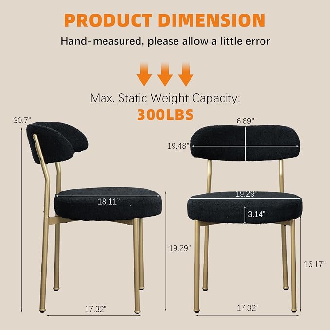 SoarFlash Dining Chairs, Black Boucle Dining Chairs Set of 2, Kitchen Dining Room Chairs Curved Backrest Upholstered Mid Century Modern Chairs with Golden Metal Legs