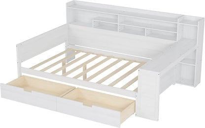 Merax Full Size Wood Daybed, Corner Bed Frame with Storage Shelves, 2 Drawers & Study Desk & Built-in Workspace, Multi-Functional Wooden Bed Space-Saving for Bedroom, Dorm, Guest Room, Antique White