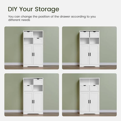 Iwell Bathroom Cabinet with Doors and Drawers, Freestanding Bathroom Storage Cabinet, Adjustable Shelves, for Living Room, Kitchen, Home Office, White
