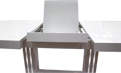 Bailey Extendable 63"- 79" Rectangle Dining Table, High-Gloss Lacquered Top, Expands for Extra Seating, Mirrored Trim Support Pillar, Stainless Steel Bottom Base, Modern Contemporary Design (White)