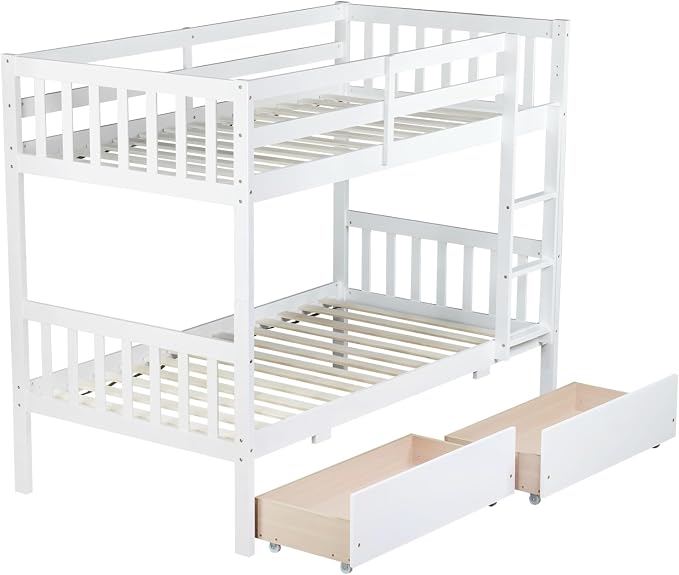 Harper & Bright Designs Twin Over Twin Bunk Bed with 2 Drawers, Convertible into 2 Twin Beds, Twin Bunk Bed with Ladder and Safety Guardrails, White