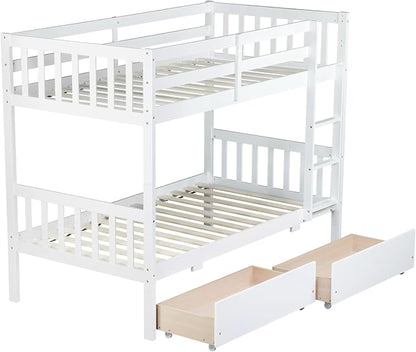 Harper & Bright Designs Twin Over Twin Bunk Bed with 2 Drawers, Convertible into 2 Twin Beds, Twin Bunk Bed with Ladder and Safety Guardrails, White