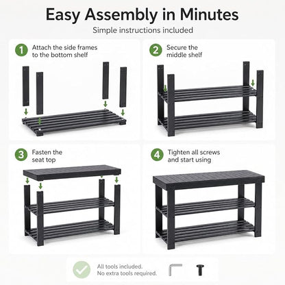 Shoe Rack Bench, 3-Tier Shoe Storage Organizer for Entryway , Shoe Shelf for Small Spaces, Multi-Functional Side Table Plant Stand, Shoe Stand for Bedroom, Living Room, Closet, Front Door, Black