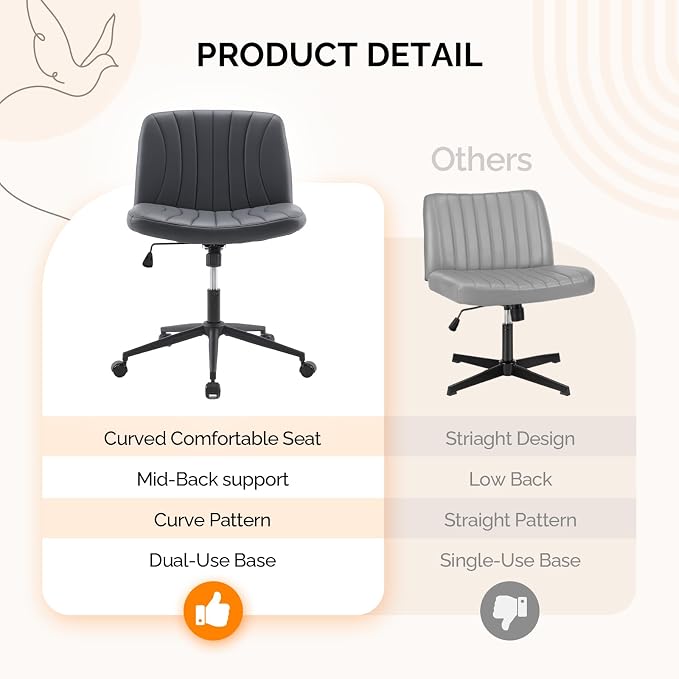 VINGLI Criss Cross Legged Chair,Wide Comfy Office Desk Chair,Dual-Use with/no Wheels Computer Task Chair,Swivel Armless Vanity Rolling Chair for Study,Make Up,Home Office,Cat Scratch PU Leather,Black