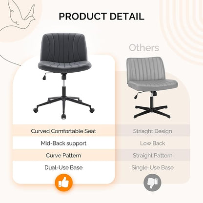 VINGLI Criss Cross Legged Chair,Wide Comfy Office Desk Chair,Dual-Use with/no Wheels Computer Task Chair,Swivel Armless Vanity Rolling Chair for Study,Make Up,Home Office,Cat Scratch PU Leather,Black