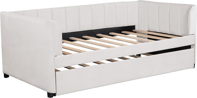 Merax Twin Daybed with Trundle, Upholstered Wooden Sofa Bed Frame with Simple Line Design, Beige