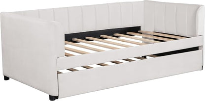 Merax Twin Daybed with Trundle, Upholstered Wooden Sofa Bed Frame with Simple Line Design, Beige