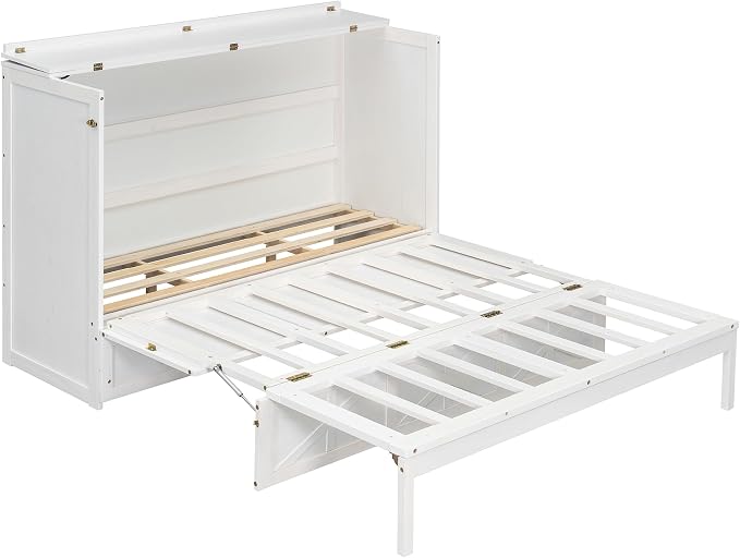 Bellemave Queen Size Murphy Bed, Cabinet Bed with Charging Station and Storage, Farmhouse Murphy Cabinet with Foldable Panel, for Bedroom,Office, Brushed White