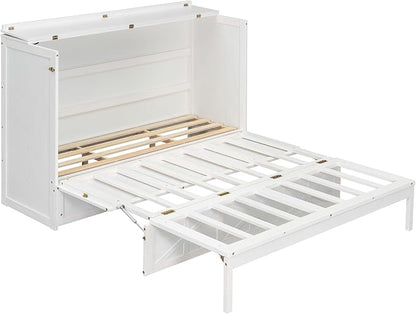 Bellemave Queen Size Murphy Bed, Cabinet Bed with Charging Station and Storage, Farmhouse Murphy Cabinet with Foldable Panel, for Bedroom,Office, Brushed White