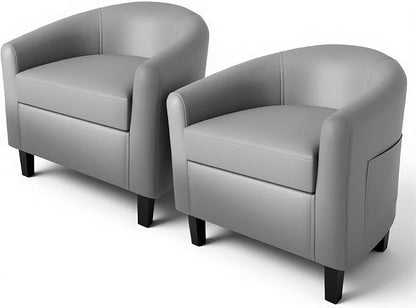 GarveeHome Accent Chairs Set of 2 Faux Leather Chairs Barrel Club Chairs Comfy Living Room Chairs with Sturdy Legs for Bedroom Reading Room Waiting Room(Gray)